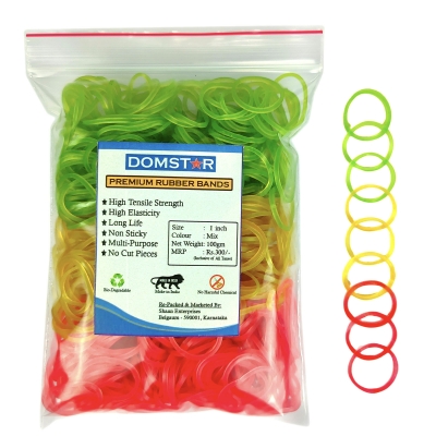 DOMSTAR Premium Fluorescent Nylon Rubber Band with Zipper Pouch(1inch,100gm,750pcs) - Elastic Bands for Office, School and Home