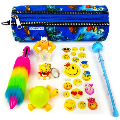 DOMSTAR Round Pouch Combo set of 6in1 Fur Pen, Stacking Pencil, Robot Eraser, Key Chain, Tortoise Sharpener and Smiley Sticker