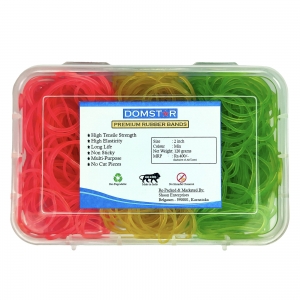 DOMSTAR Premium Fluorescent Nylon Rubber Bands in Transparent Plastic Box (2inch, 120gm, 580pcs) for Office and Home