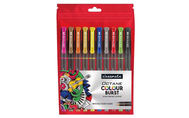 Classmate Octane Colour Burst Glitter Gel Pen (Pack of 10 Colours)