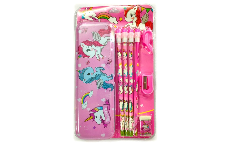 Unicorn Metal Pencil Box with Pencil Eraser, Sharpener and Pencil Grip | Gift Pack